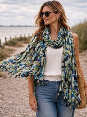 Brazen Scarf Wrap Multicolor Tassel Hem Boho Lightweight Layering Coastal